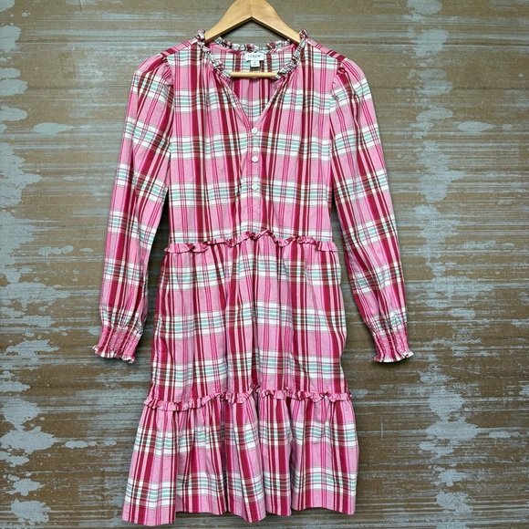J. Crew Factory Plaid Mini Dress Ruffle Trim Pink Preppy Summer Career Womens 2 - Picture 1 of 5